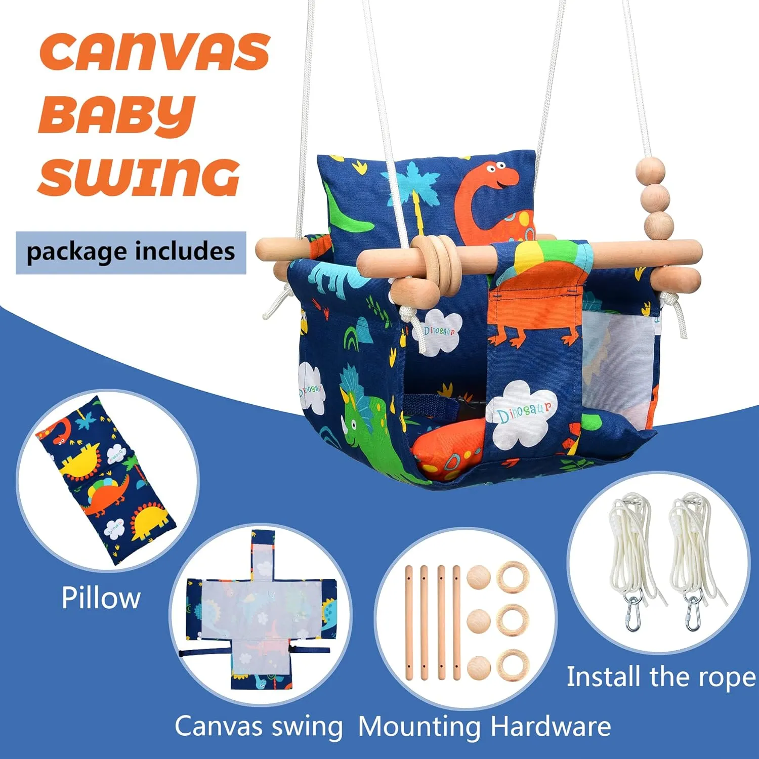 Baby Swing Outdoor for Infants to Toddler Indoor Portable Baby Swings Set with Cotton Cushion Seat Baby Hammock Swing Chair Canvas Fabric Porch Swing Outside Hanging Baby Tree Swing(Dinosaur Print)