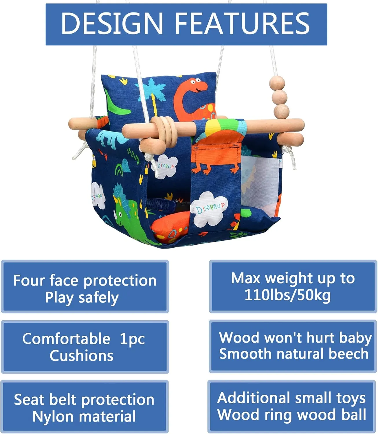 Baby Swing Outdoor for Infants to Toddler Indoor Portable Baby Swings Set with Cotton Cushion Seat Baby Hammock Swing Chair Canvas Fabric Porch Swing Outside Hanging Baby Tree Swing(Dinosaur Print)