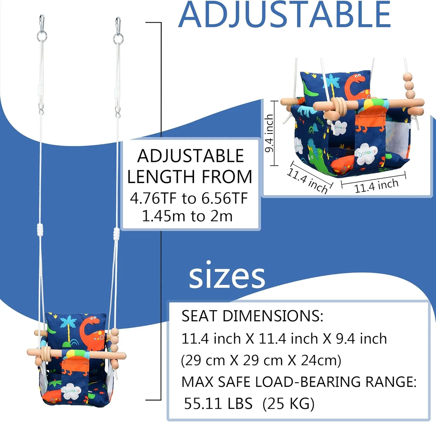 Baby Swing Outdoor for Infants to Toddler Indoor Portable Baby Swings Set with Cotton Cushion Seat Baby Hammock Swing Chair Canvas Fabric Porch Swing Outside Hanging Baby Tree Swing(Dinosaur Print)