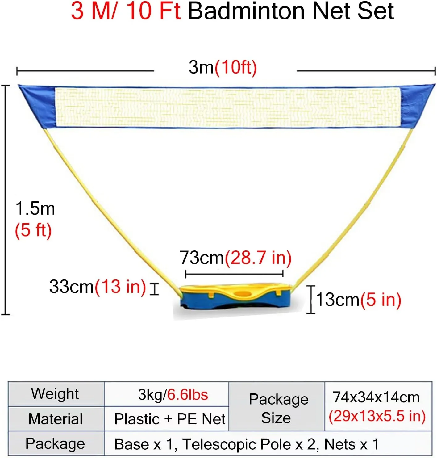 Badminton Sets for Backyards, 5 Feet High Badminton Tennis Net for Kids Youth Adults, Portable Volleyball Net System with Carrying Case Base, Easy to Install,L 3m/10ft-H 150cm/5ft