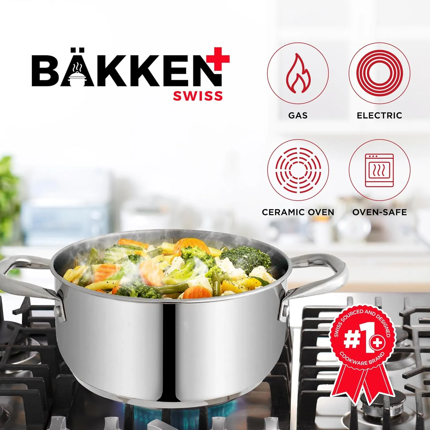 Bakken-Swiss Deluxe 3-Quart Stainless Steel Stockpot w/Tempered Glass See-Through Lid - Simmering Delicious Soups Stews & Induction Cooking - Exceptional Heat Distribution - Heavy-Duty & Food-Grade