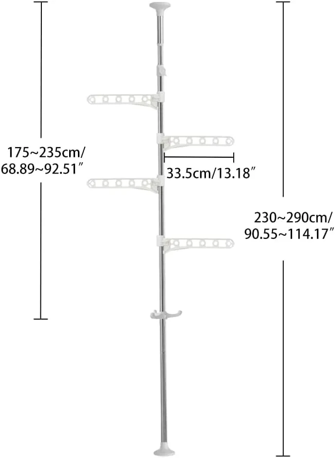 BAOYOUNI Telescopic Laundry Tension Pole Corner Clothes Hanging Drying Rack Floor to Ceiling Jacket Coat Hanger Garment Storage Organizer Stand Space Saving with Adjustable Arms - Ivory
