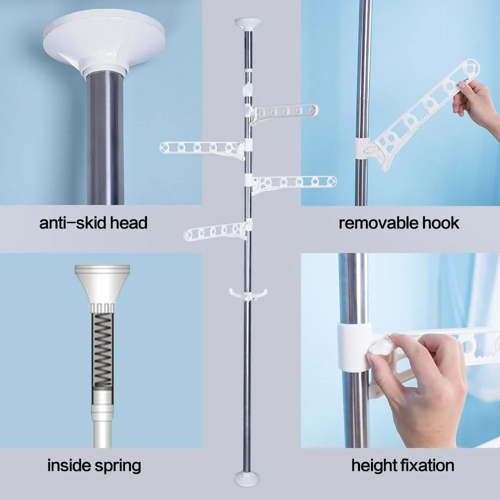 BAOYOUNI Telescopic Laundry Tension Pole Corner Clothes Hanging Drying Rack Floor to Ceiling Jacket Coat Hanger Garment Storage Organizer Stand Space Saving with Adjustable Arms - Ivory