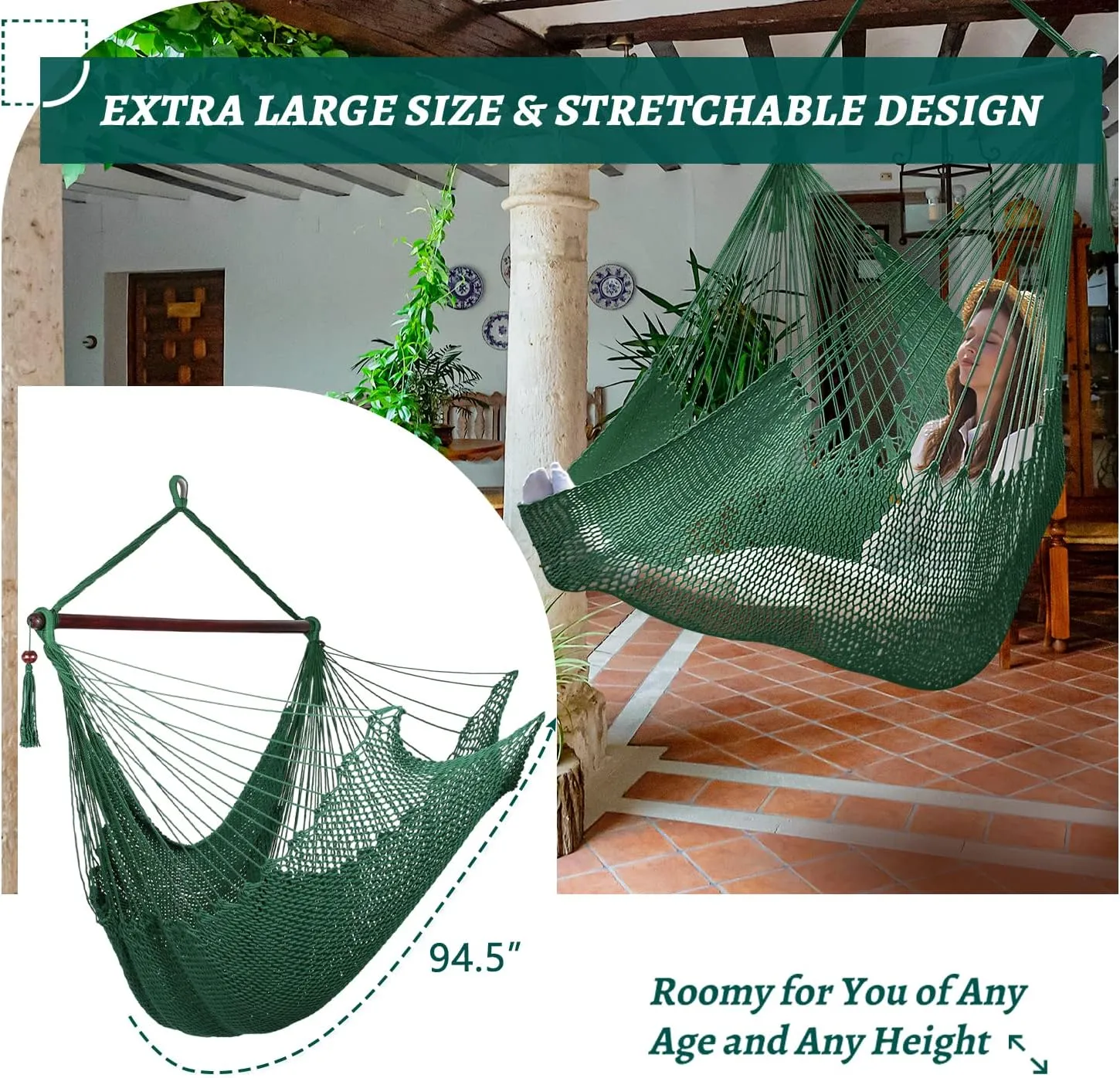 Bathonly Large Hammock Chair with Spreader Bar, Caribbean Hammock Swing Chair, XL Hammock Chair Outdoor Indoor, 330 LBS Weight Capacity, Green