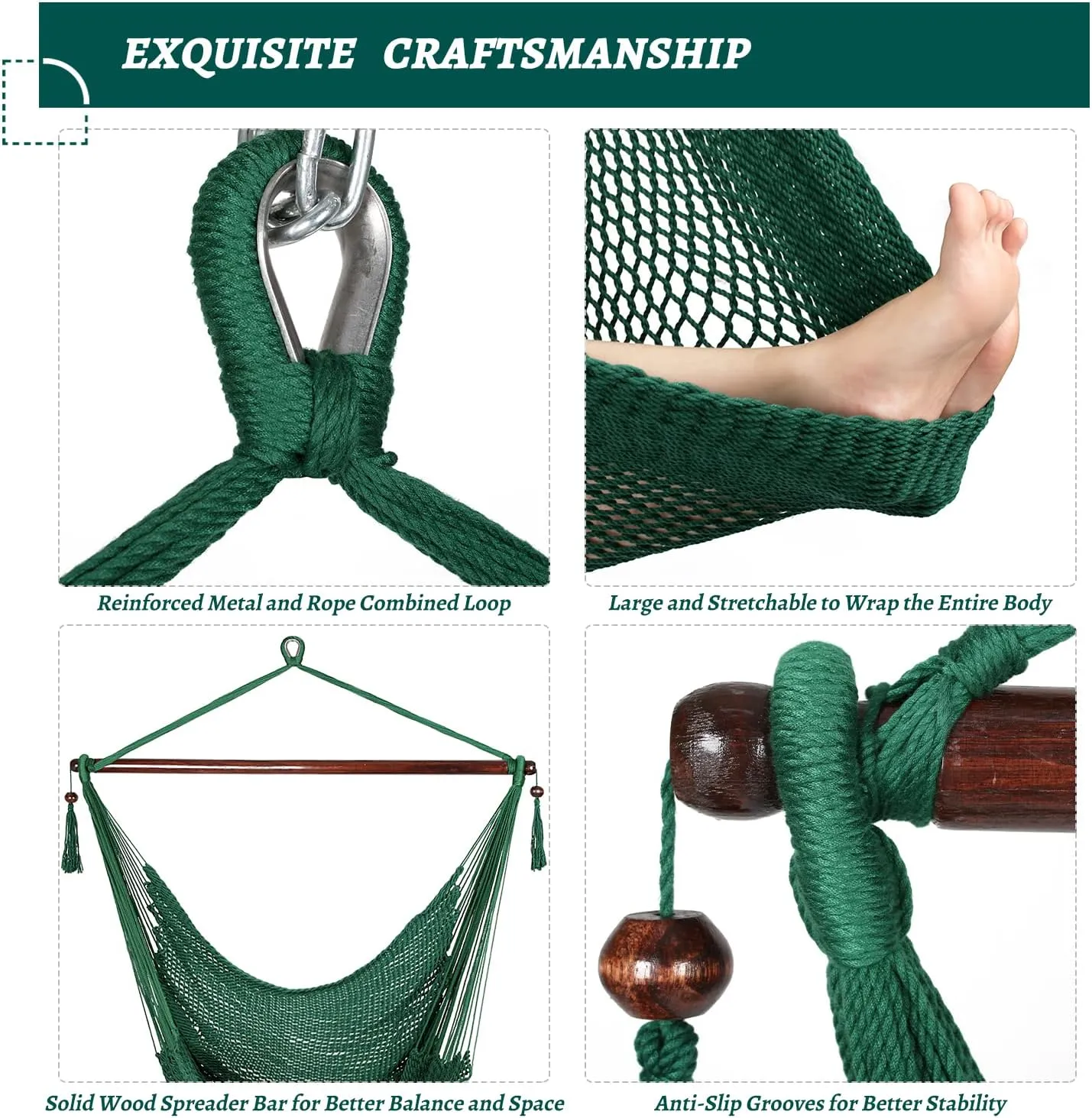 Bathonly Large Hammock Chair with Spreader Bar, Caribbean Hammock Swing Chair, XL Hammock Chair Outdoor Indoor, 330 LBS Weight Capacity, Green