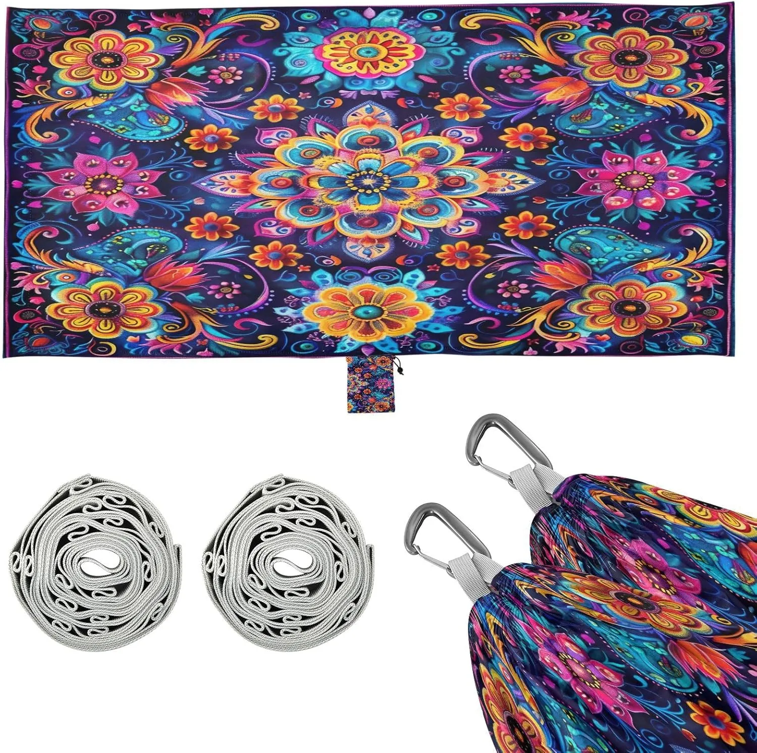 Beautiful Mexican Floral Patterns Camping Hammock, 330 lbs with 2 Tree Straps, Carry Bag, Single Portable Hammock for Outdoor/Indoor, Hiking, Beach, Backpacking, Travel