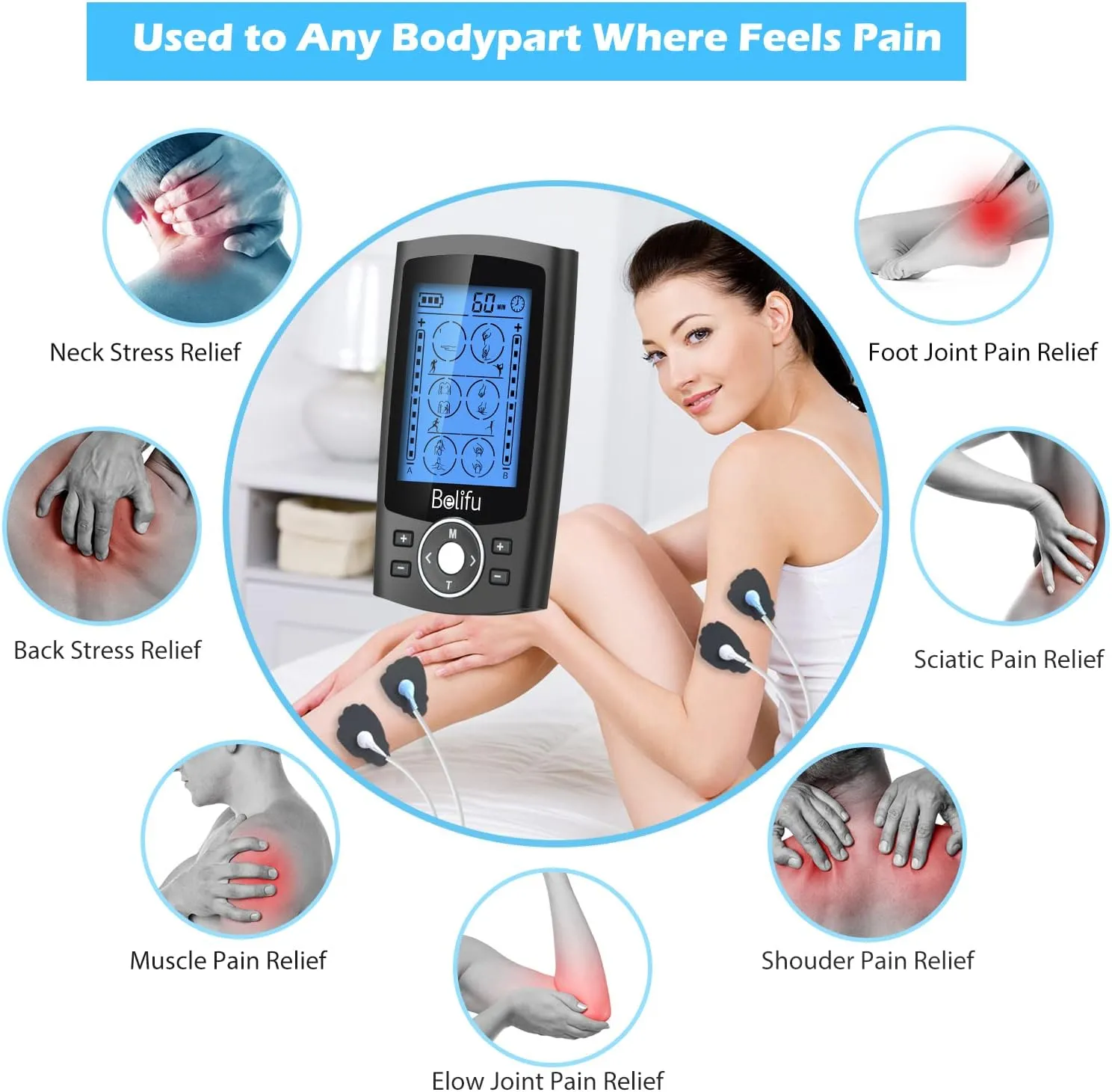 Belifu Dual Channel TENS EMS Unit with 12 Pads, 24 Modes Muscle Stimulator, Electronic Pulse Massager Muscle Massager for Pain Relief Therapy, Fastening Cable Ties, Dust-Proof Drawstring Storage Bag