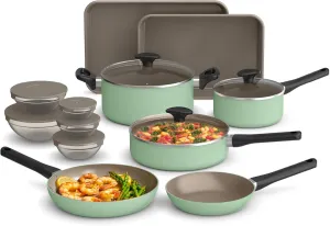 bella 21 Piece Kitchen Set with EverGood™ Ceramic Nonstick Coating​, Dishwasher & Oven Safe, All Stovetops Compatible, Tempered Glass Lids & Cool Touch Handles, Seaglass