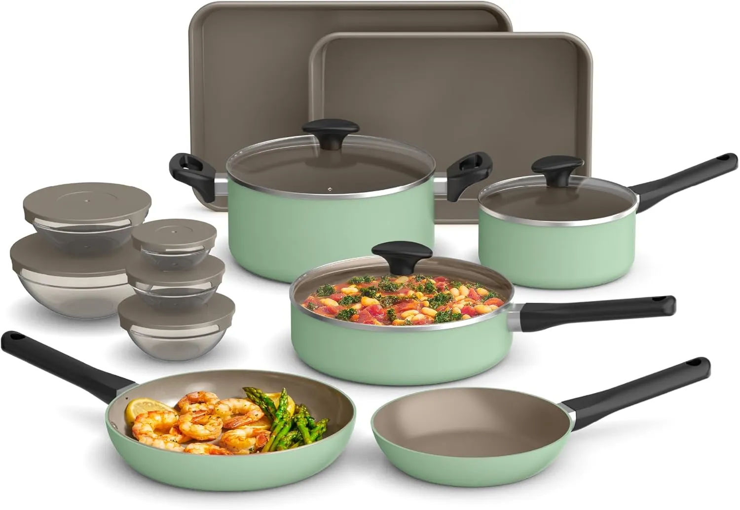 bella 21 Piece Kitchen Set with EverGood™ Ceramic Nonstick Coating​, Dishwasher & Oven Safe, All Stovetops Compatible, Tempered Glass Lids & Cool Touch Handles, Seaglass