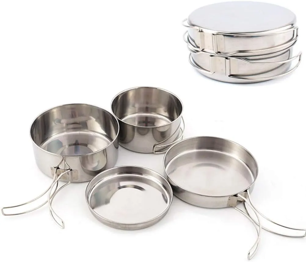 BESPORTBLE Combination Cooking Set 4pcs Stainless Steel Pot Camping Oven Kettle Cooking Pan Camping Accessories