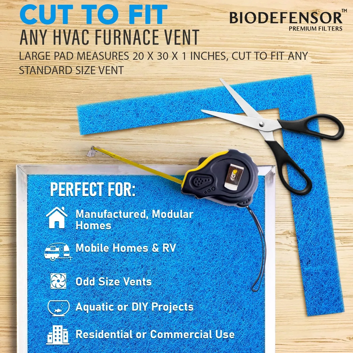 Biodefensor Reusable Air Filter 20x30x1, Made in USA - Cut to Fit Most Furnace, AC, HVAC Vent - Washable, Durable, Rigid Media - High Airflow Energy-Efficient, Includes Prep Pad & Hook Tape