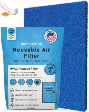 Biodefensor Reusable Air Filter 20x30x1, Made in USA - Cut to Fit Most Furnace, AC, HVAC Vent - Washable, Durable, Rigid Media - High Airflow Energy-Efficient, Includes Prep Pad & Hook Tape