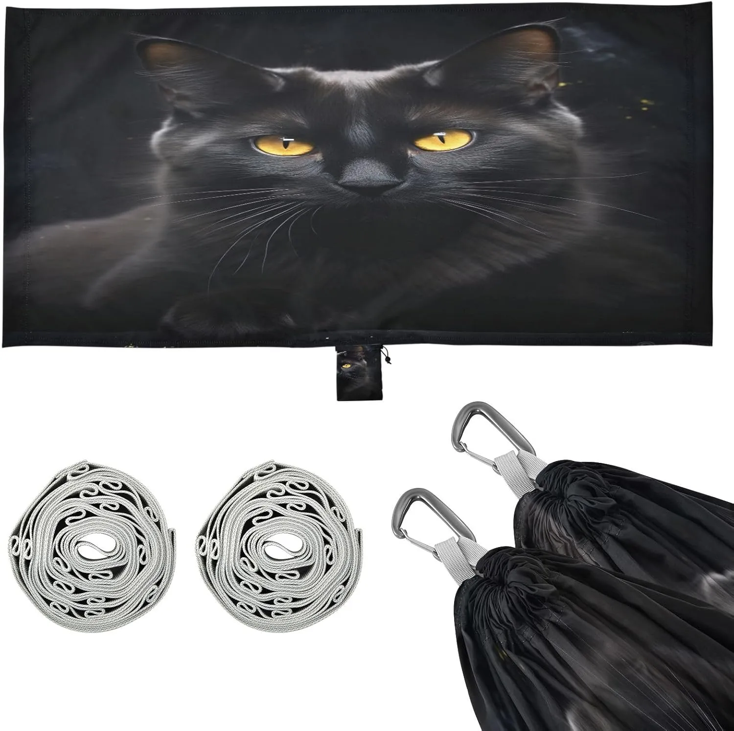 Black Cat Pattern Camping Hammock, 330 lbs with 2 Tree Straps, Carry Bag, Single Portable Hammock for Outdoor/Indoor, Hiking, Beach, Backpacking, Travel