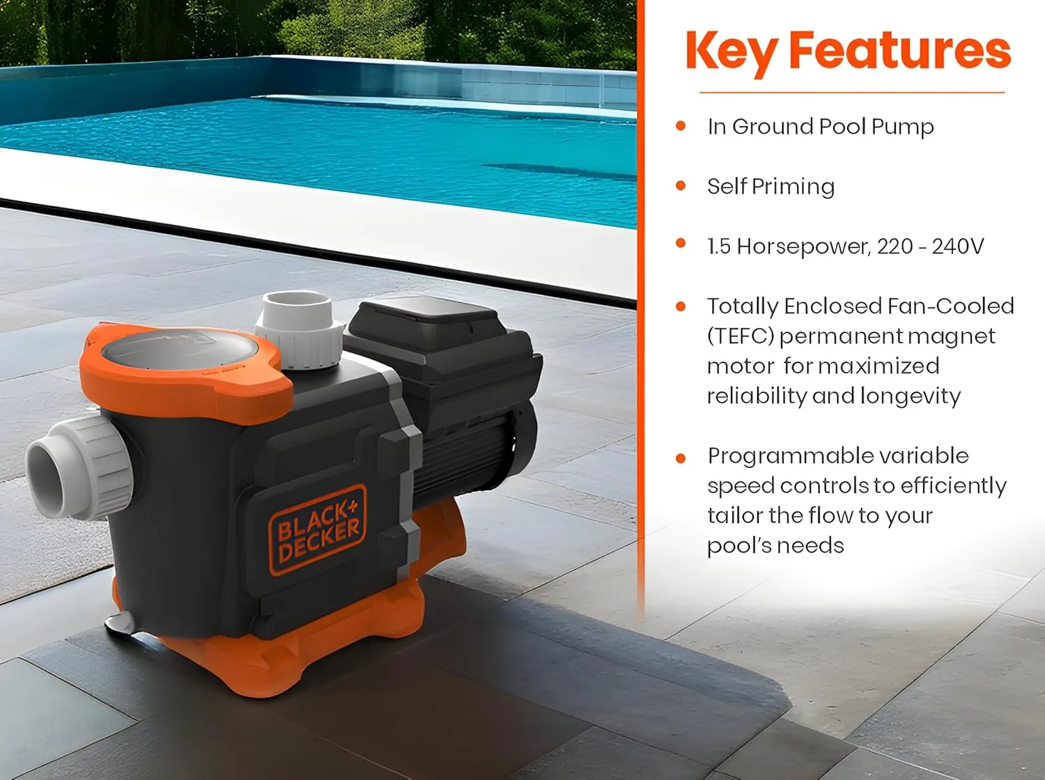 BLACK DECKER Variable Speed Pool Pump Inground with Filter Basket and Easy Programmable Touch Pad Interface, 1.5 HP