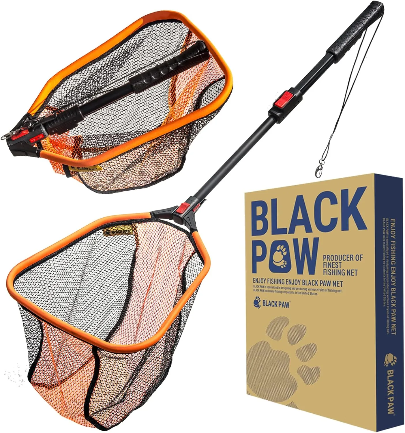 Black Paw Floating Fishing Net - Telescopic, Foldable, Rubber Coated Landing Net with Neoprene Foam Edging, Aerospace-Grade Aluminum, Easy Catch & Release of Fly, Salmon, Bass