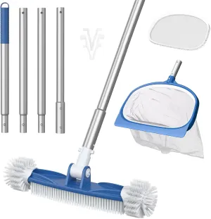 BLIKA Swimming Pool Cleaning Kit Including Aluminum Telescopic Pole, 18.5" Rotatable Round End Pool Brush Head, Leaf Skimmer Net, Depth Fine Mesh Net, Inground & Above Ground Pool Cleaning Supplies