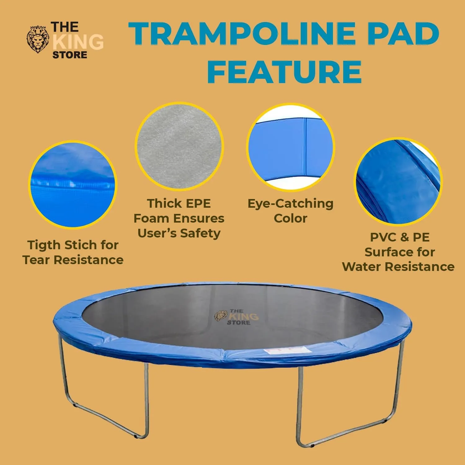 Blue Trampoline Round Pad Replacement Fits 8ft to 16ft Frame, Waterproof and Tear-Resistant, Trampoline Safety Spring Pad Cover, No Hole for Pole