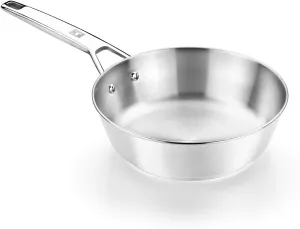 BRA COOKWARE Signature Deep Frying Pan | 8 inches Professional High Skillet | Stainless Steel Deep Frying Pan | All Stovetop Compatible | PFOA Free | w/o Non-Stick Coating | Polished Finish
