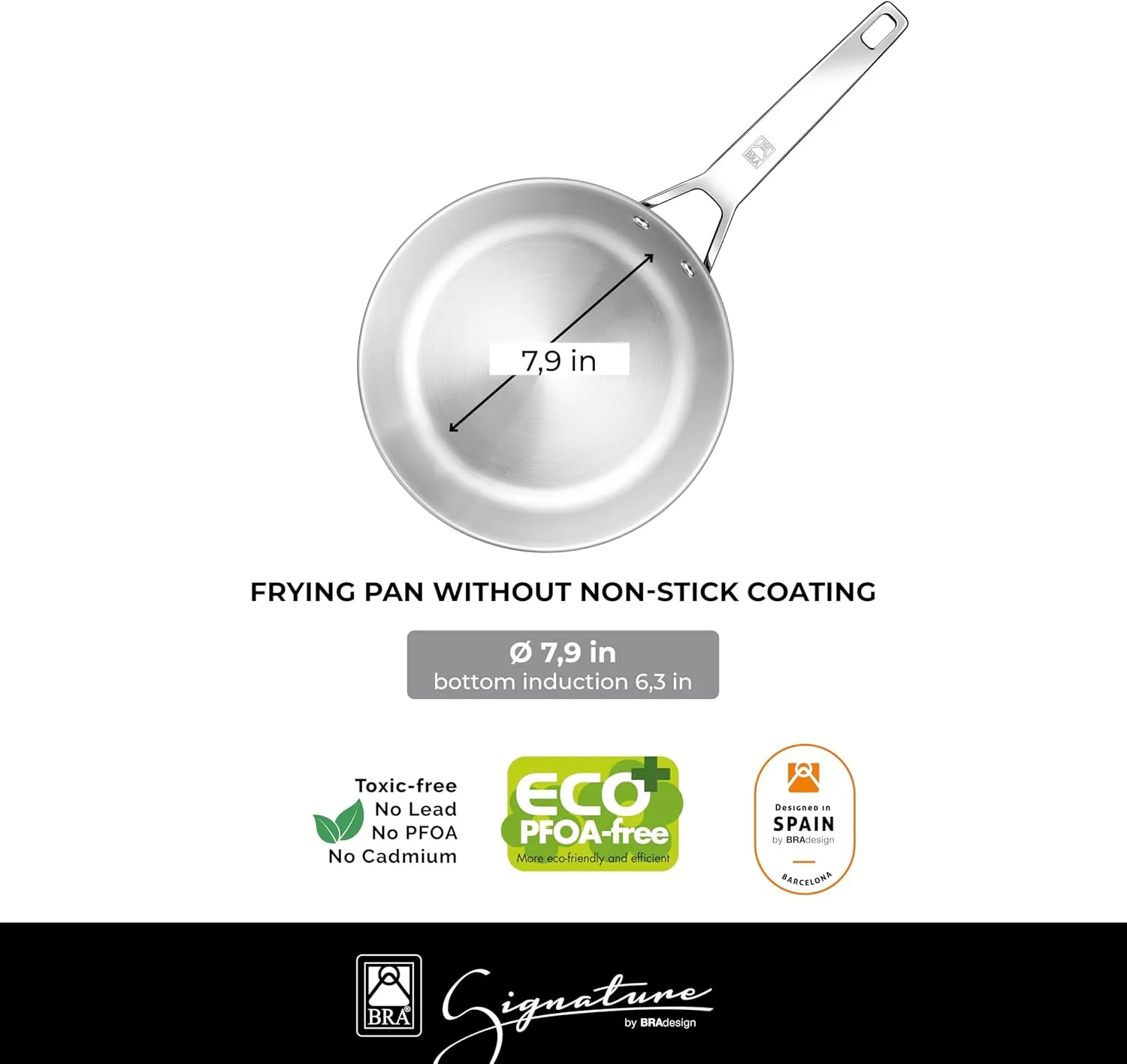 BRA COOKWARE Signature Deep Frying Pan | 8 inches Professional High Skillet | Stainless Steel Deep Frying Pan | All Stovetop Compatible | PFOA Free | w/o Non-Stick Coating | Polished Finish