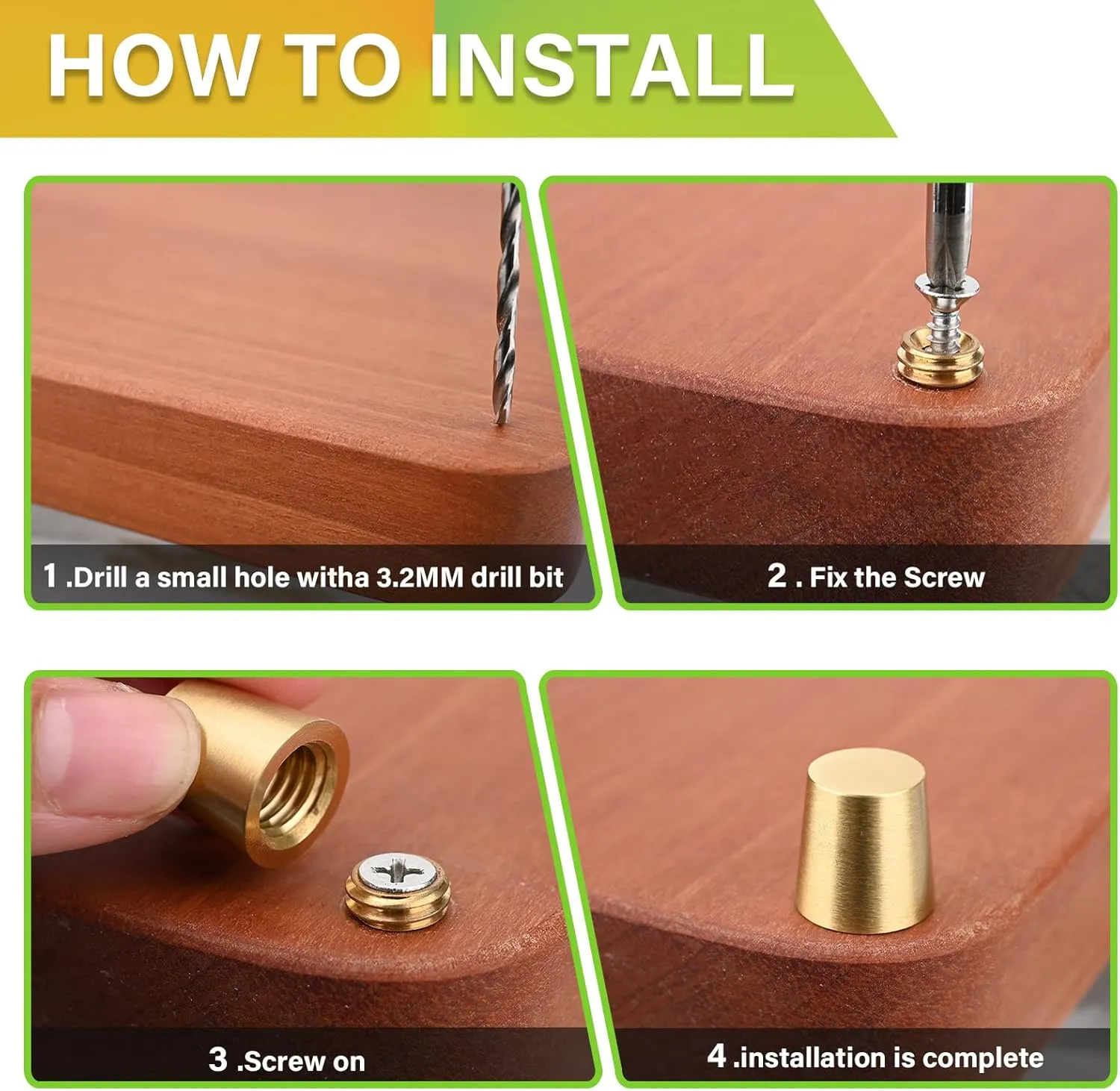 Brass Cutting Board Feet, Walnut Wood Cutting Board Feet, Polished and Anti Skid Pad with Stainless Steel Screws & Brass Washers-Ideal for Kitchen Appliances（Cone-Shaped）