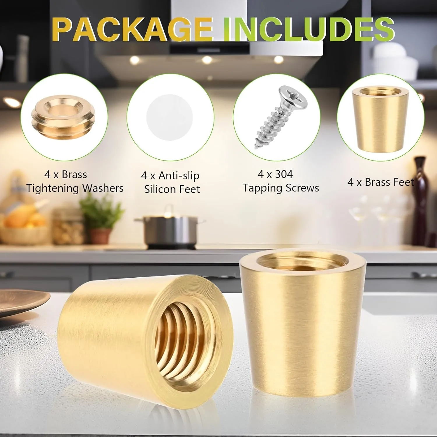 Brass Cutting Board Feet, Walnut Wood Cutting Board Feet, Polished and Anti Skid Pad with Stainless Steel Screws & Brass Washers-Ideal for Kitchen Appliances（Cone-Shaped）