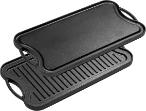 Bruntmor 2-in-1 Cast Iron Skillet Rectangle Roasting Pan with Reversible Griddle Pan for Stove Top - 20"x10" Multi Cooker Deep Roasting Grill Pan, Non-Stick Camping Cookware