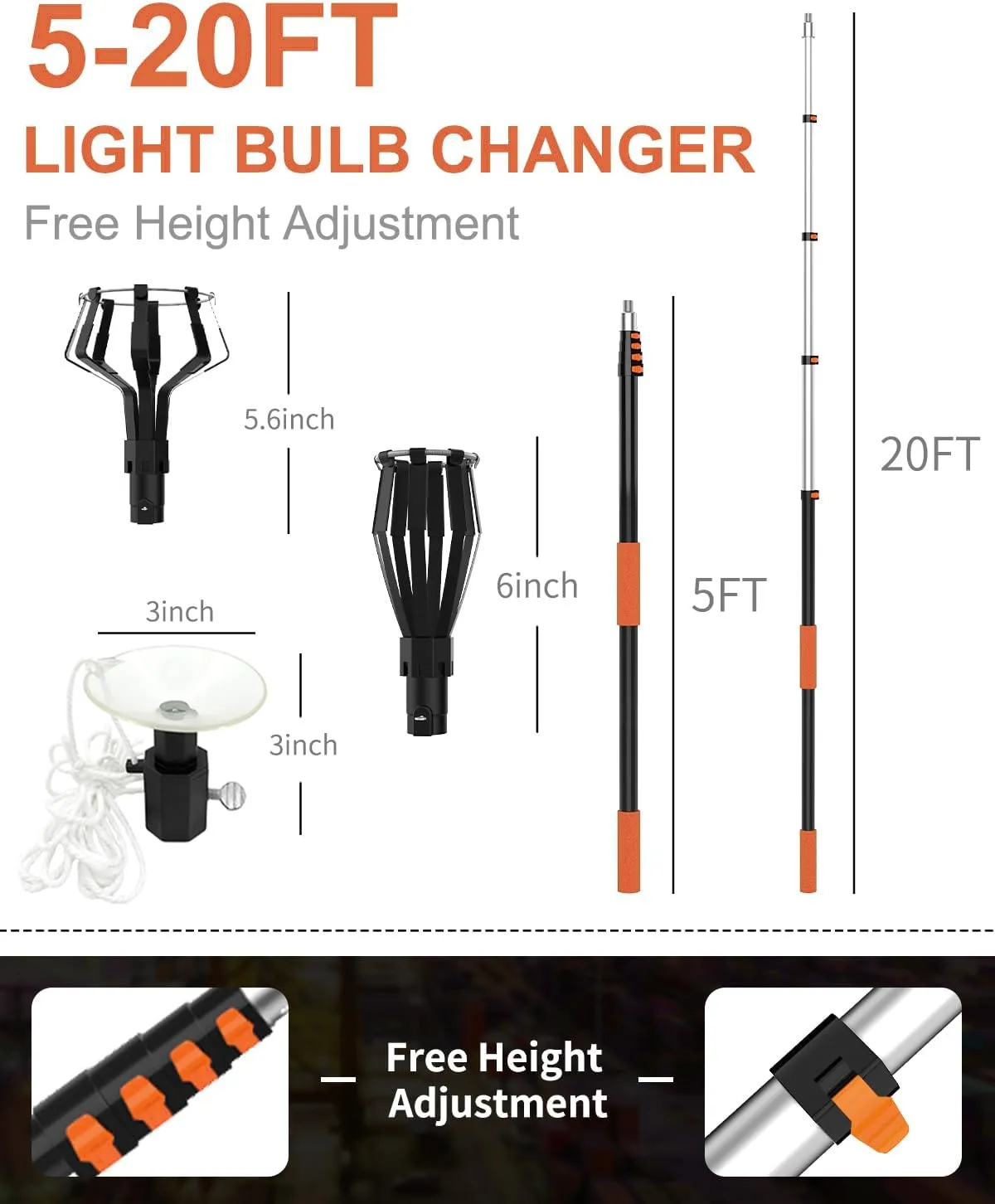 Buyplus 26FT Reach Light Bulb Changer for High Ceilings with 5-20FT Telescopic Extension Pole, Easy Flip-Tab Lock Bulb Changing Pole Extension with Basket and Suction Cup for Recessed Lights