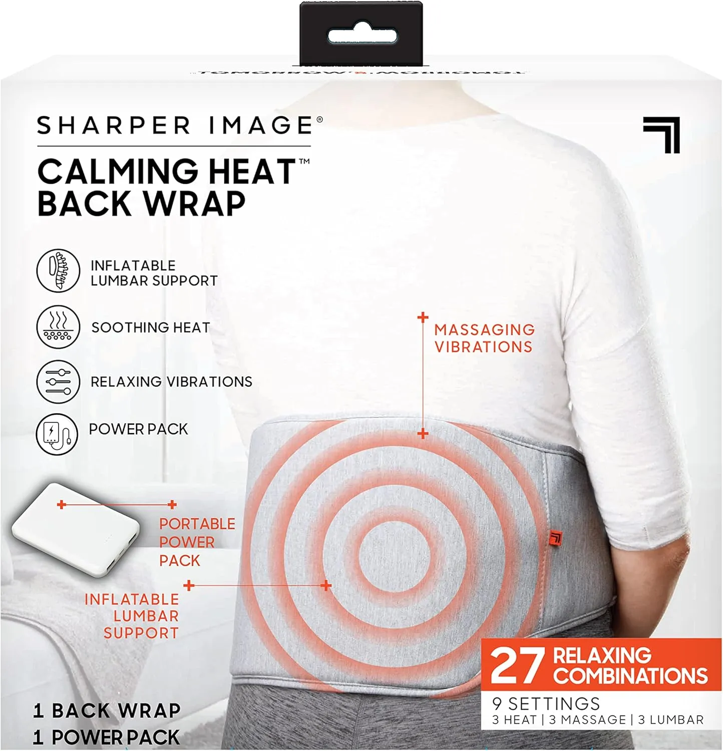 Calming Heat Back Wrap by Sharper Image- Cordless Electric Back Heating Pad, Inflatable Lumbar, Soothing Heat & Vibrations- 9 Settings 3 Heat, 3 Vibration, 3 Lumbar Includes Portable Power Pack