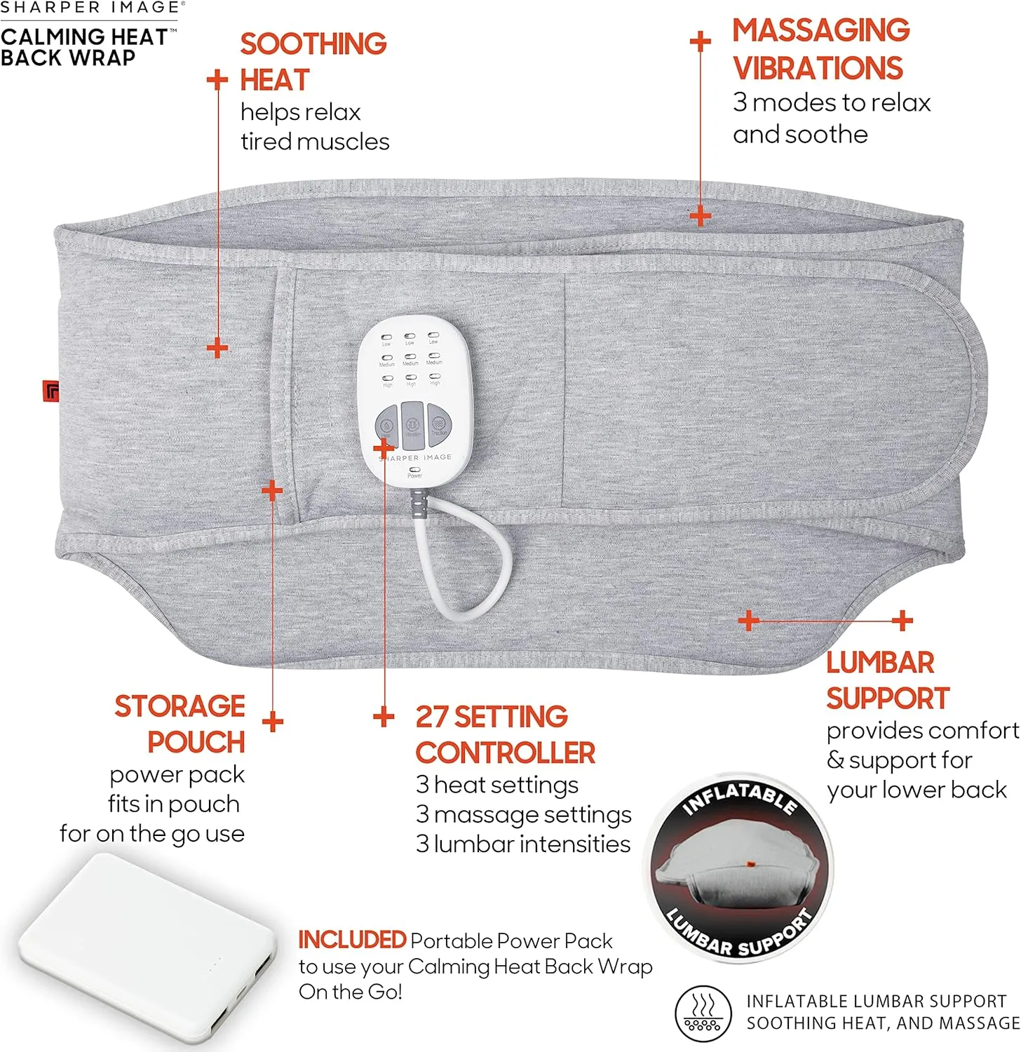 Calming Heat Back Wrap by Sharper Image- Cordless Electric Back Heating Pad, Inflatable Lumbar, Soothing Heat & Vibrations- 9 Settings 3 Heat, 3 Vibration, 3 Lumbar Includes Portable Power Pack