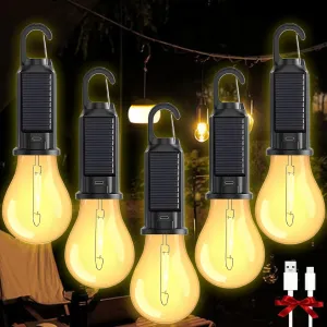 Camp Light Bulb, Solar Rechargeable Hooked Camping Light, 3 Lighting Modes Led Outdoor Emergency Light, Waterproof Tent Light with Hanging Hook, Suitable for Various Outdoor Scenes (Solar, 5)