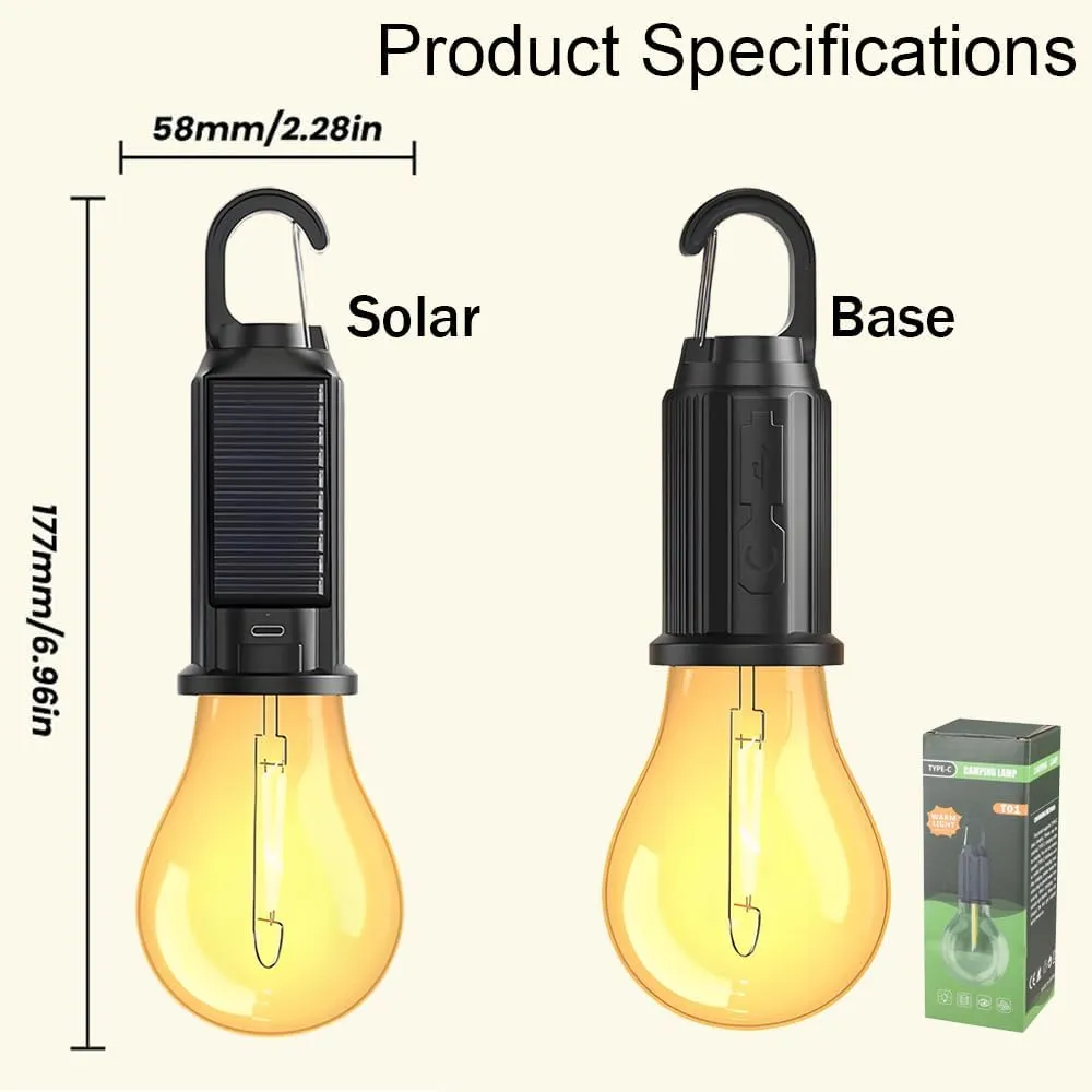 Camp Light Bulb, Solar Rechargeable Hooked Camping Light, 3 Lighting Modes Led Outdoor Emergency Light, Waterproof Tent Light with Hanging Hook, Suitable for Various Outdoor Scenes (Solar, 5)