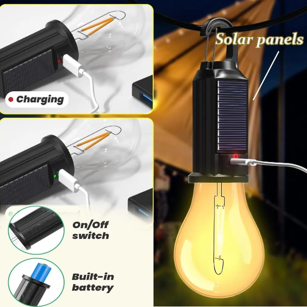 Camp Light Bulb, Solar Rechargeable Hooked Camping Light, 3 Lighting Modes Led Outdoor Emergency Light, Waterproof Tent Light with Hanging Hook, Suitable for Various Outdoor Scenes (Solar, 5)