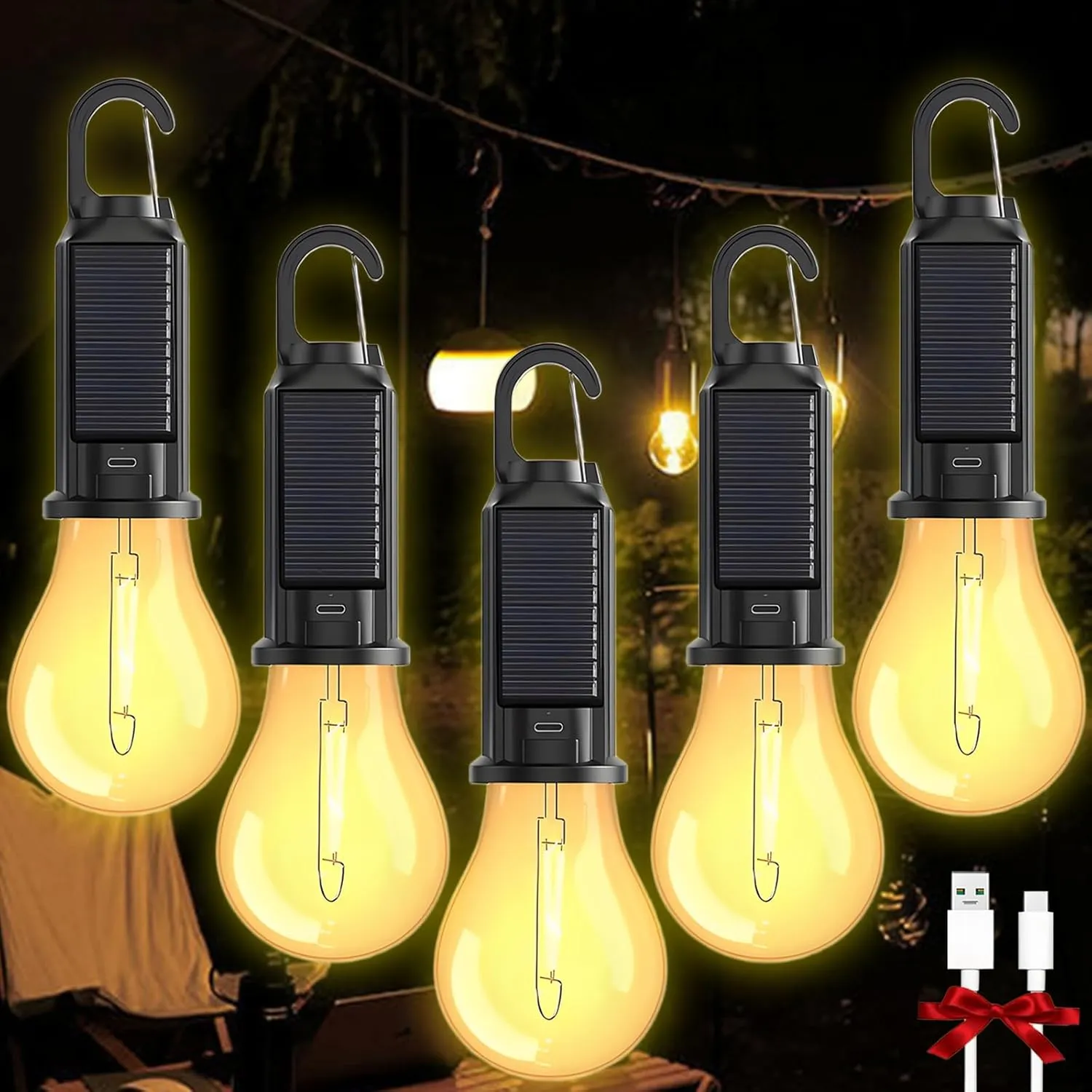Camp Light Bulb, Solar Rechargeable Hooked Camping Light, 3 Lighting Modes Led Outdoor Emergency Light, Waterproof Tent Light with Hanging Hook, Suitable for Various Outdoor Scenes (Solar, 5)