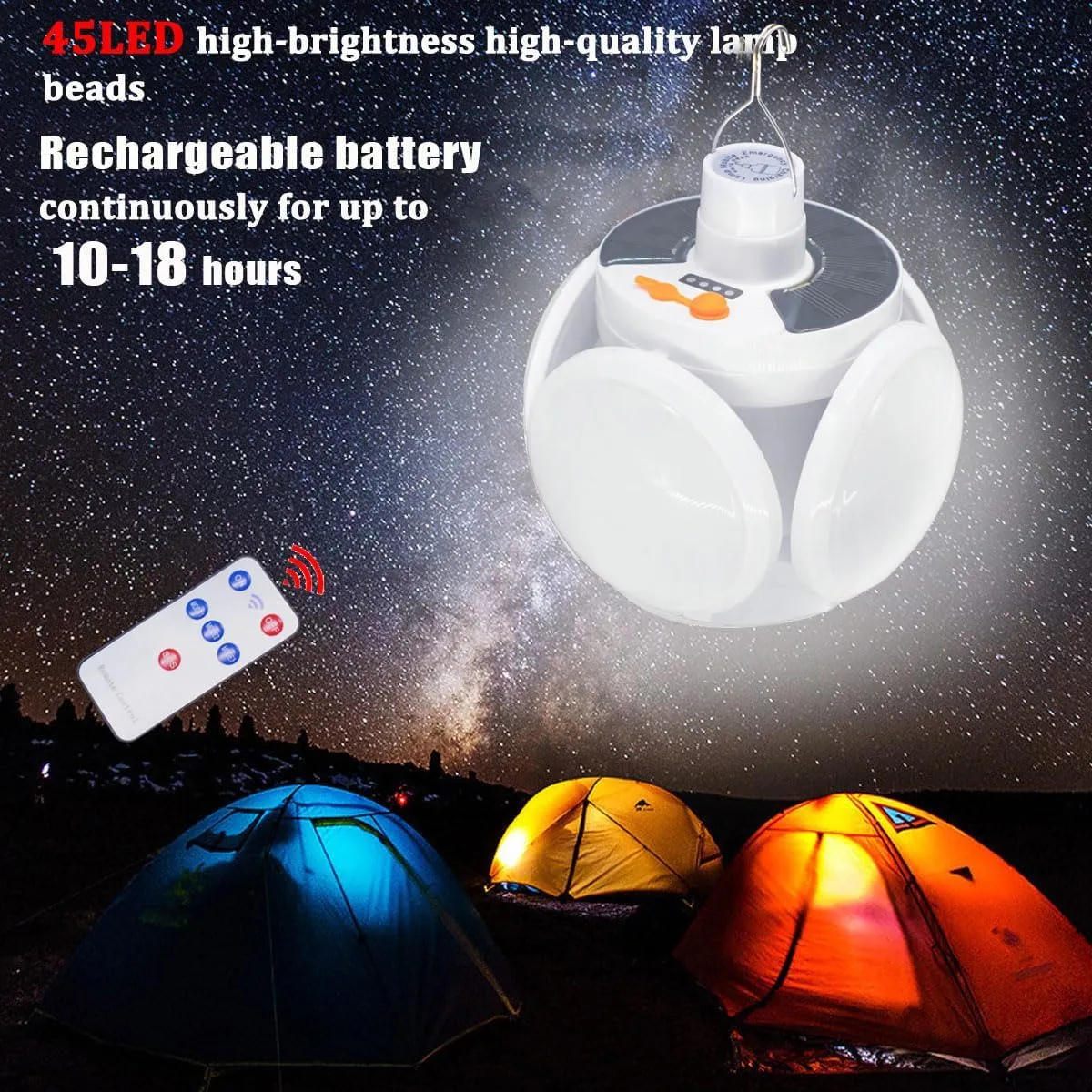 Camping Canopy Tent Solar Lights Lantern Collapsible 45 LED USB 4000mah Rechargeable Hanging Waterproof Foldable Remote Control Portable Outdoor Emergency Power Outage 1 Pack