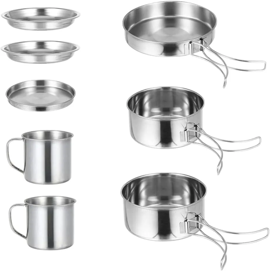 Camping Cookware 8-Piece Set Stainless Steel Pot Pan Cooking Utensils for Hiking Picnic Outdoor Adventure