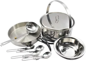 Camping Cookware Mess Kit for 4 Persons Stainless Steel Cooking Set with Pot Pan Soup Spoon Bowls Folding Sporks Outdoor Cooking Equipment for Family Camping Hiking Picnic