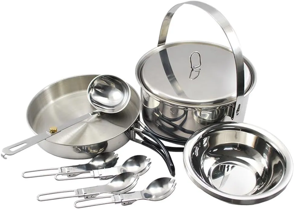 Camping Cookware Mess Kit for 4 Persons Stainless Steel Cooking Set with Pot Pan Soup Spoon Bowls Folding Sporks Outdoor Cooking Equipment for Family Camping Hiking Picnic