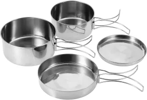 Camping Cookware Set, 4Pcs Stainless Steel Cookware Set Outdoor Pan Pot Plate Tableware Backpacking Gear for Camping Hiking Picnic