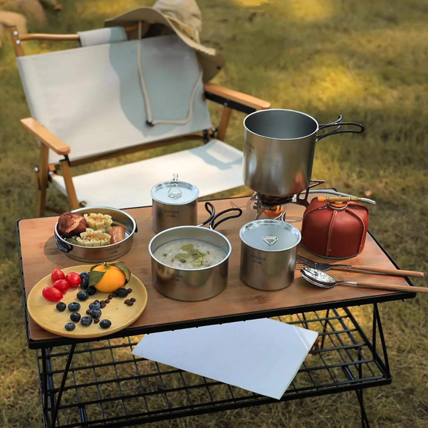 Camping Cookware Set 5-Piece Stainless Steel Camping Pot Set Compact Suitable for Backpacking Camping Hiking