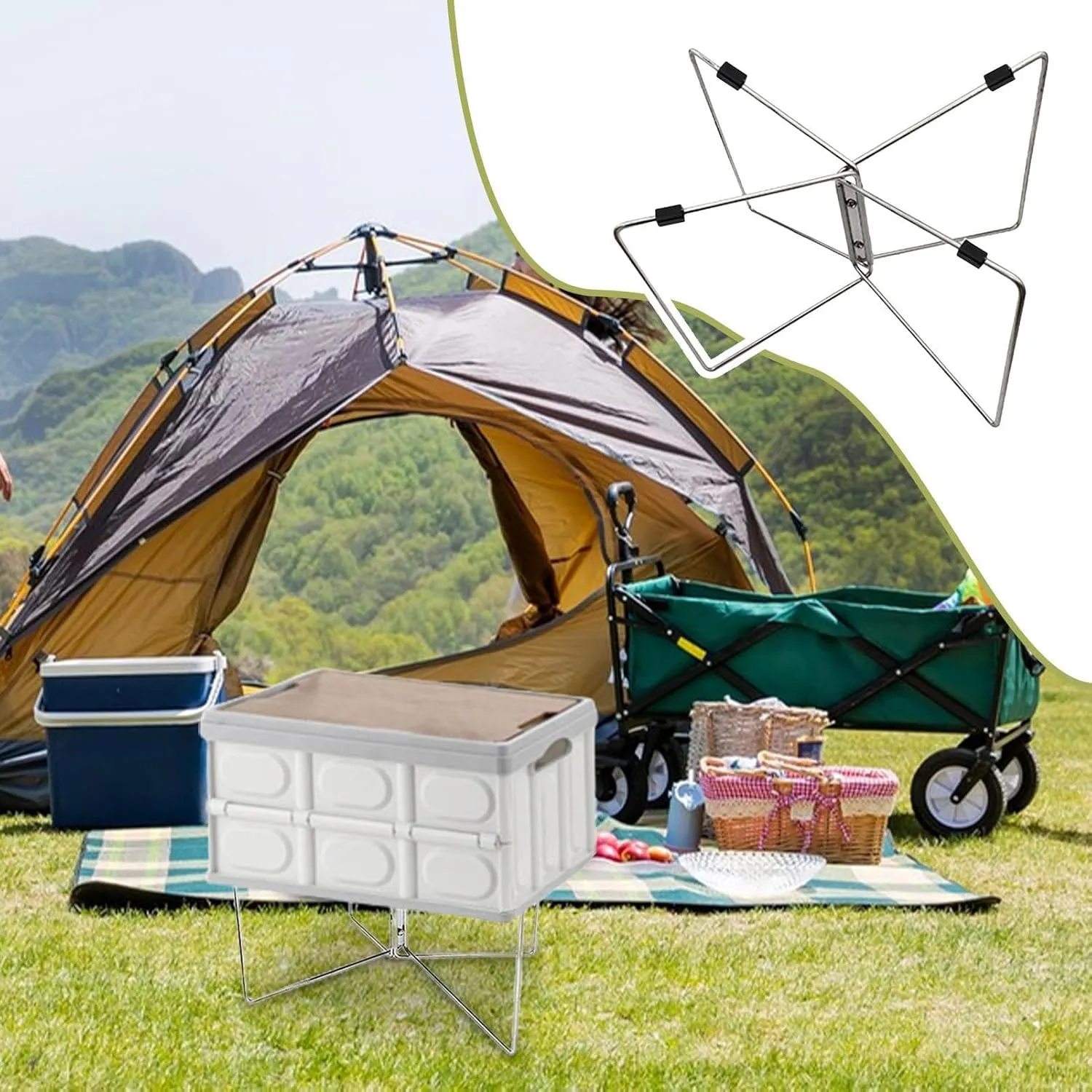Camping Cooler Stand - Folding Stand, Stainless Steel Folding Bracket | Anti-Moisture Folding Frame Ice Box Holder, Outdoor Camping Bucket Stand Frame with Non-Slip Mat and Carry Bag for BBQ