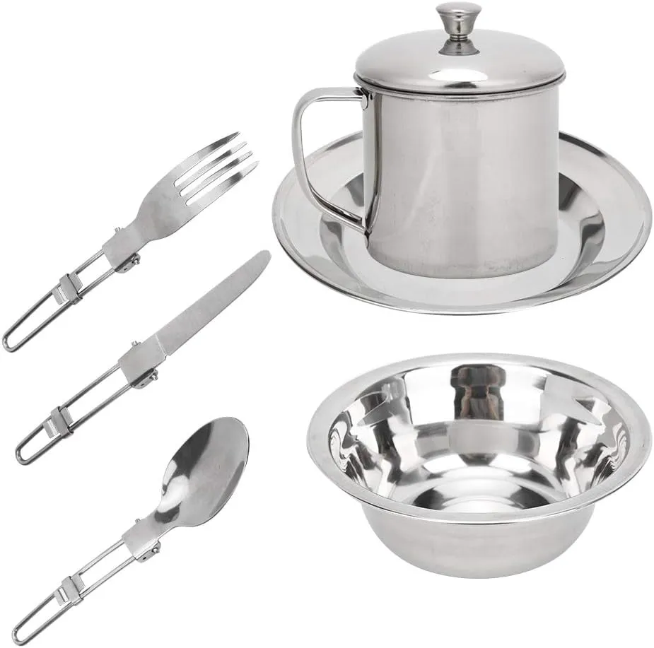 Camping Cutlery Set with Bowls Plates Cups Forks Spoons and Knives Stainless Steel Cutlery Set Utensils Camping Tableware Kit