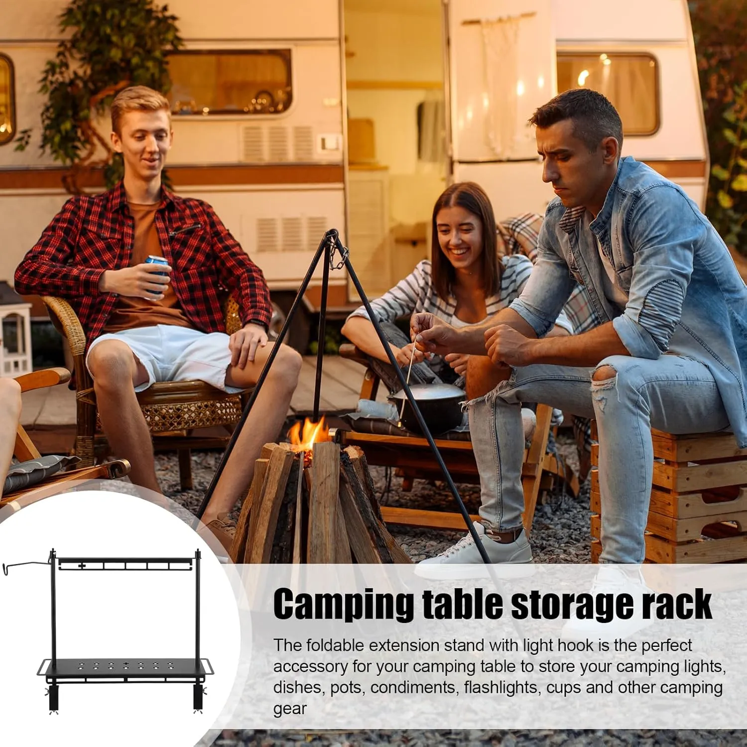 Camping Foldable Storage Rack, Collapsible Camping Table with Lantern Stand, Portable Collapsible Wood Storage Rack, Outdoor Shelving Organizers, Camping, Picnic, BBQ (18.1 x 5.9 x 16.5in)