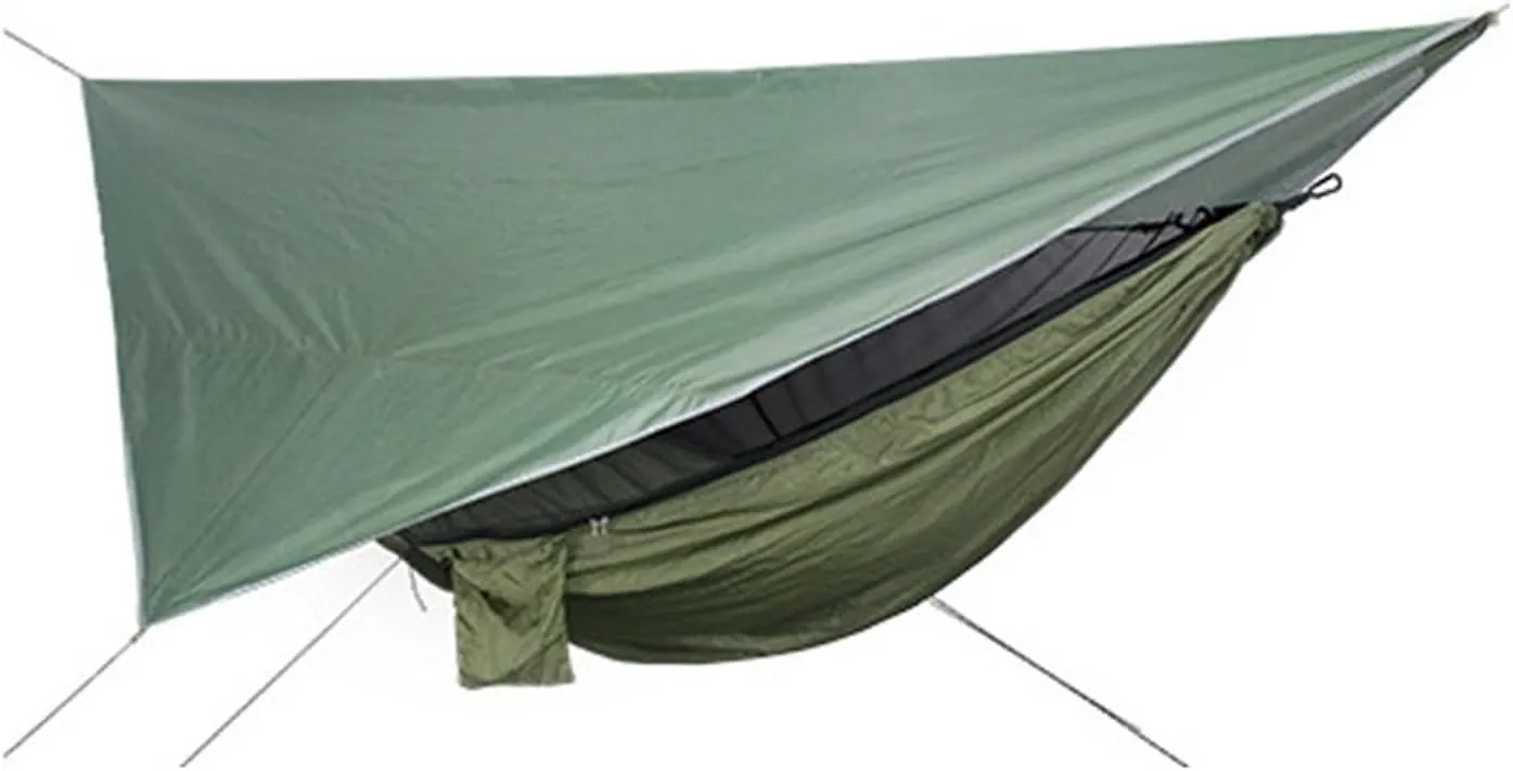 Camping Hammock Portable Nylon Camping Hammock with Waterproof Rain Fly Canopy Tarp for Outdoor Hanging Bed Sleeping, Green 1