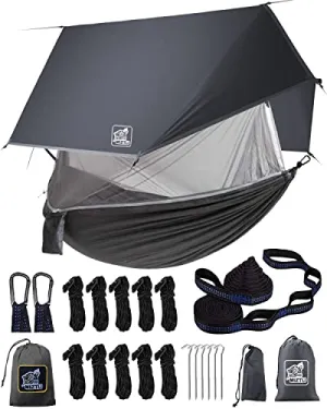 Camping Hammock w/ Net & Rain Fly,Portable Lightweight Outdoor Hammock