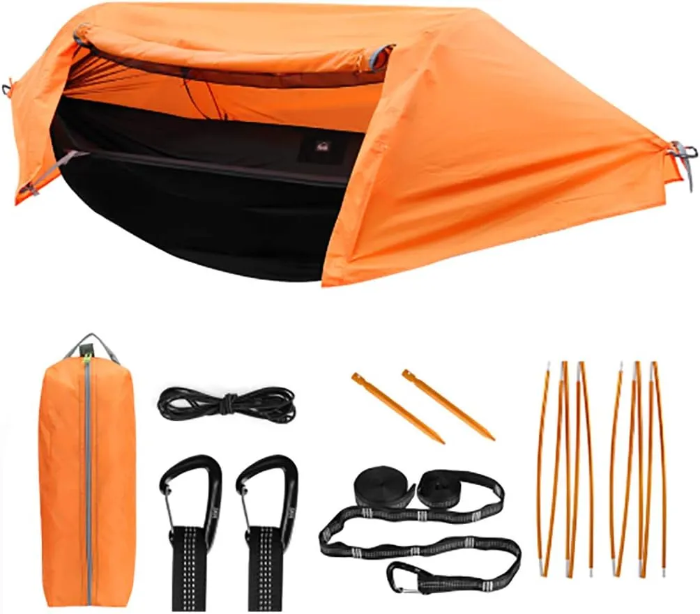Camping Hammock with Mosquito Net and Rainfly Lightweight Portable Sleeping Hammock Tent Backpacker Travel Outdoor Gear (Orange)