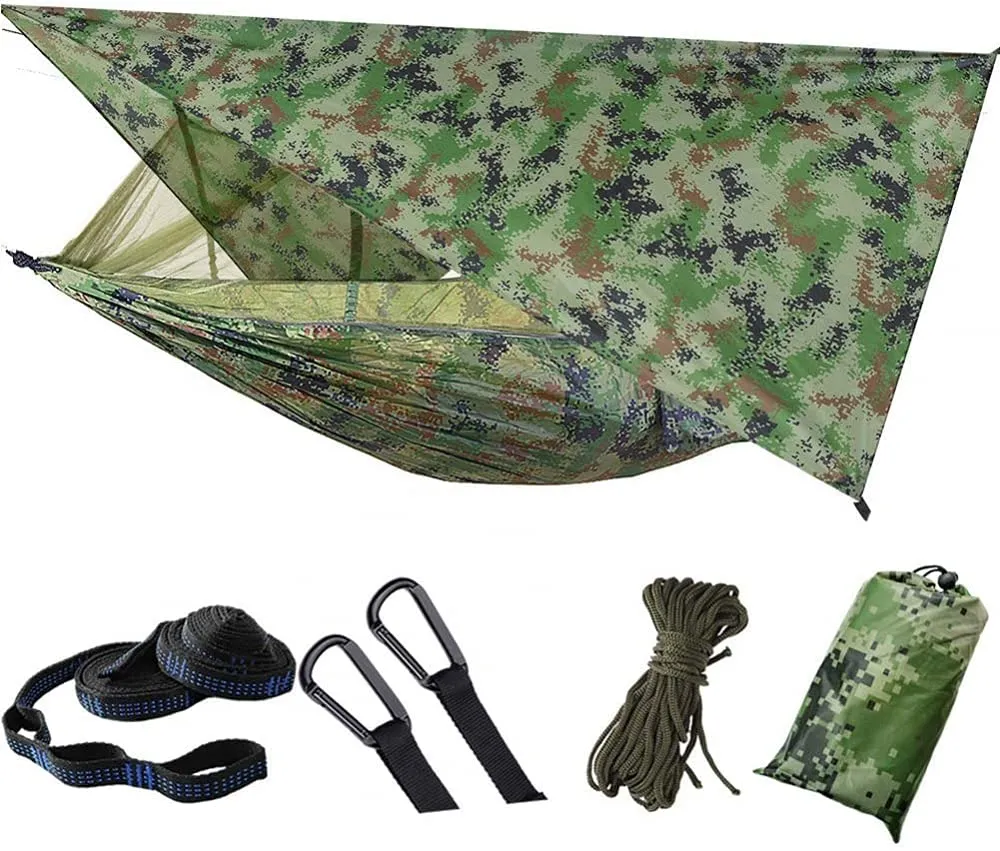 Camping Hammock with Tarp Ultralight Breathable Nylon Travel Hammock Swing for Hiking Travel Yard Picnic Backpack Beach-Light Green(Camouflage)