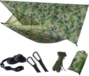 Camping Hammock with Tarp Ultralight Breathable Nylon Travel Hammock Swing for Hiking Travel Yard Picnic Backpack Beach-Light Green(Camouflage)