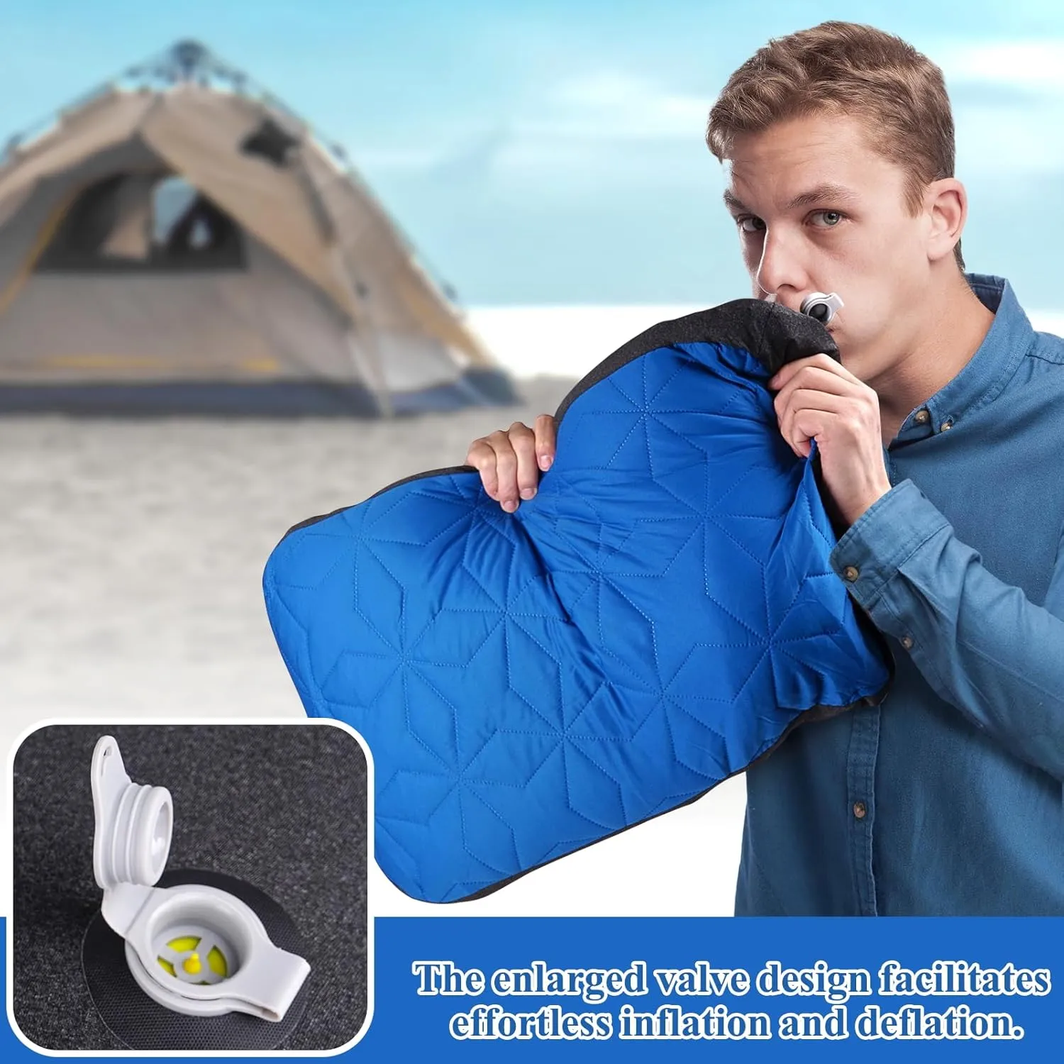 Camping Pillow with Removable Cover Large Size 24" x 15" - Ultralight Inflatable Pillow for Camping Lightweight, Ergonomic and Washable for Camping, Hiking, and Travel Blue