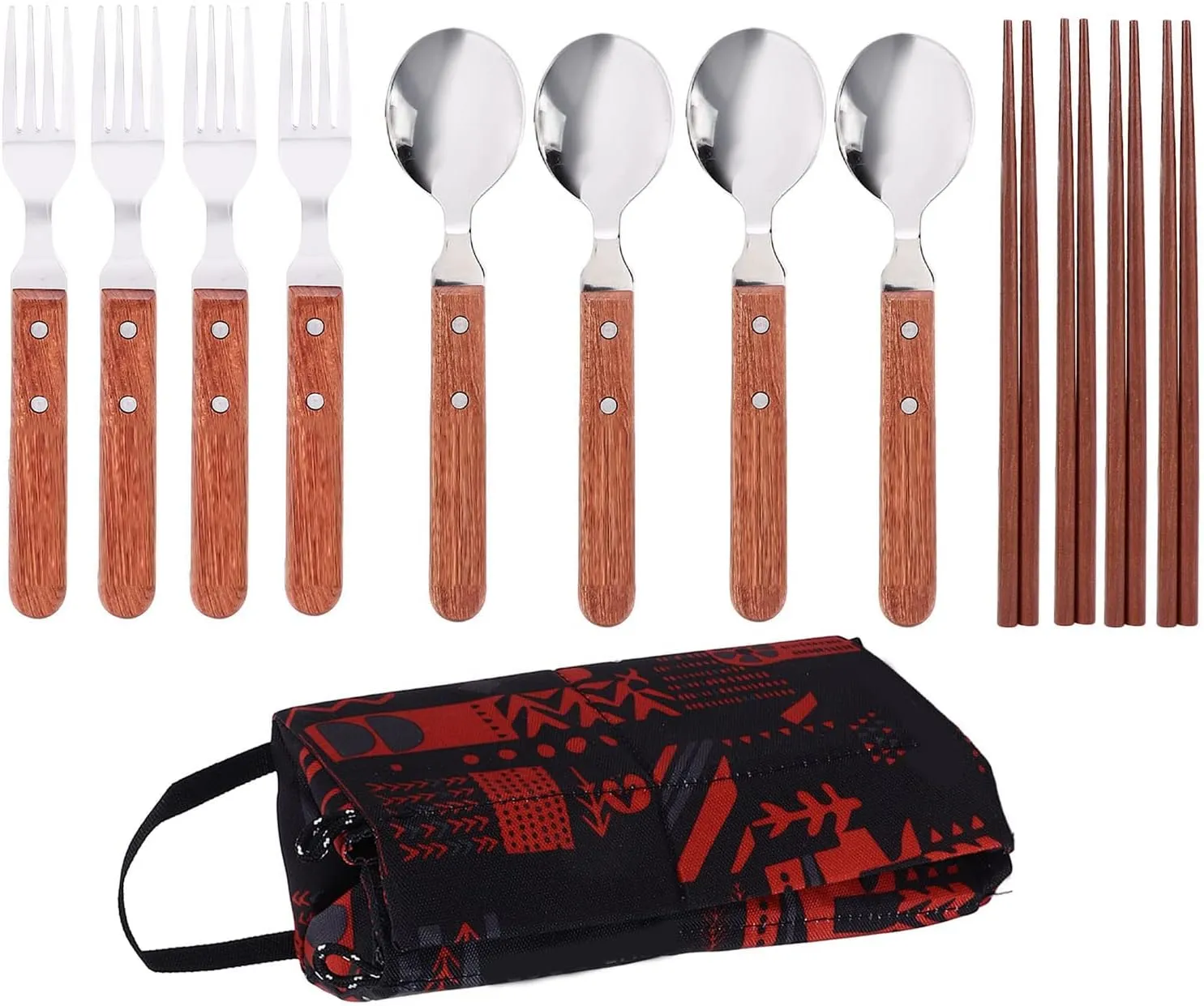 Camping Tableware Set for 4, Stainless Steel Wooden Handle Reusable Utensils Set with Case Wood Forks and Spoons Camping Cooking Set for Barbecue Camping