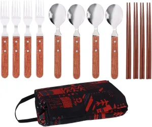 Camping Tableware Set for 4, Stainless Steel Wooden Handle Reusable Utensils Set with Case Wood Forks and Spoons Camping Cooking Set for Barbecue Camping